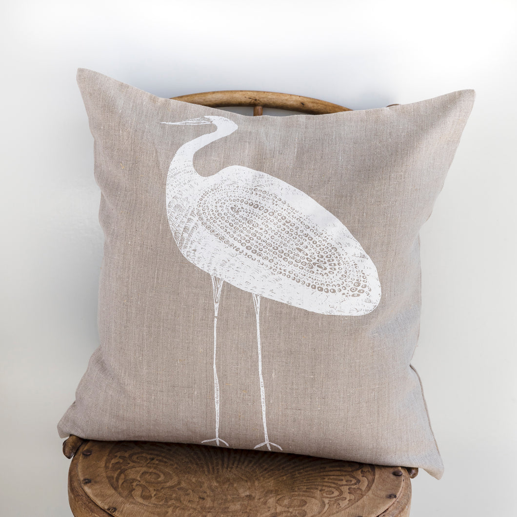 Garagun (White Heron) - Handprinted Flax Linen Cushion Cover