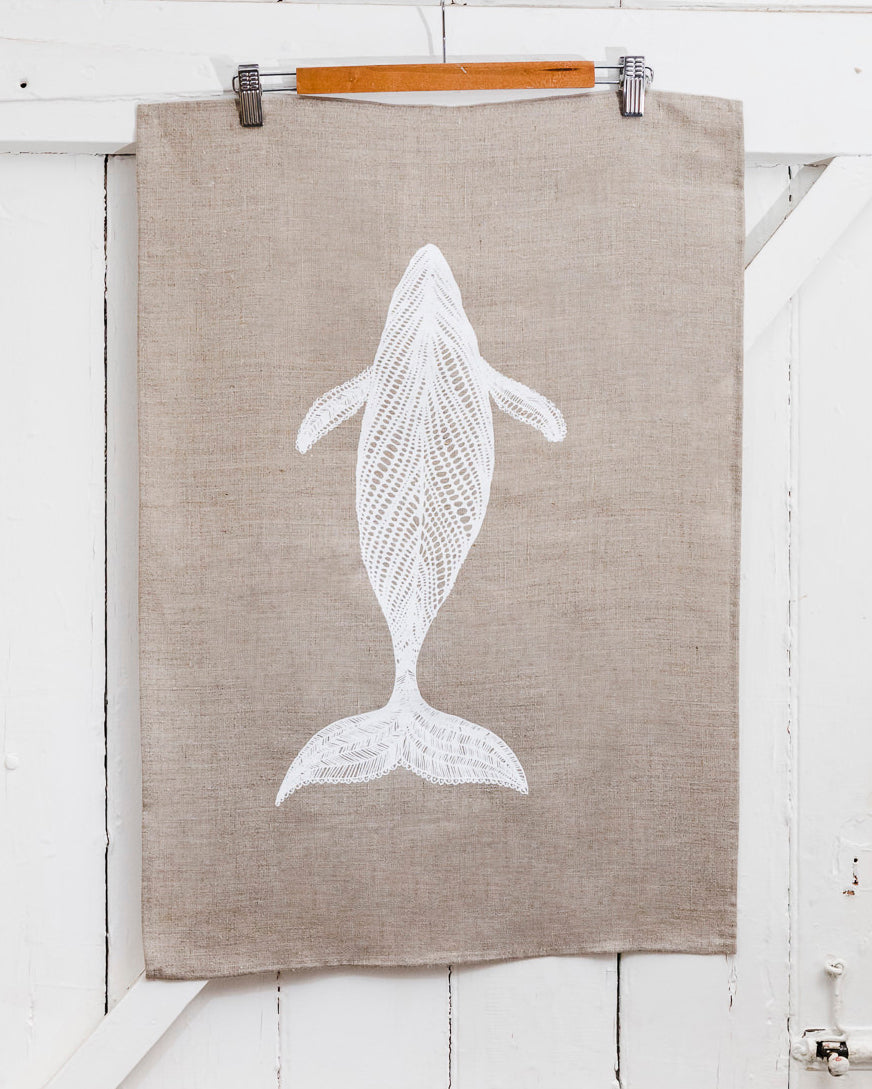 Migalu Yalingbilla (White Humpback) - Handprinted Flax Linen Tea Towel